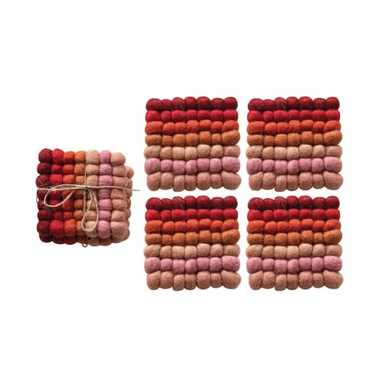 4&#x22; Red, Pink &#x26; Blush Handmade Wool Felt Ball Coaster Set